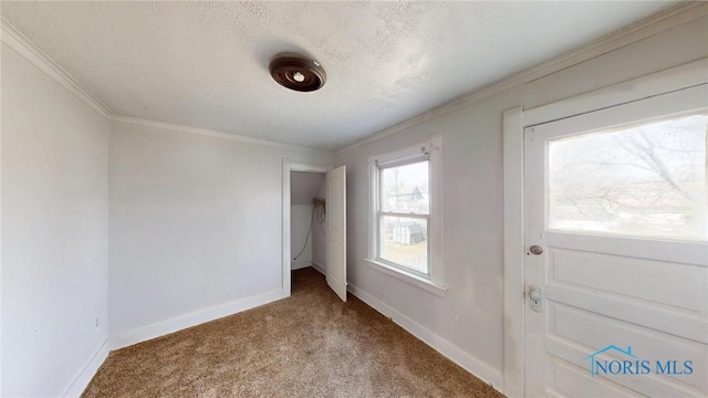 unfurnished bedroom featuring baseboards, carpet flooring, a textured ceiling, and crown molding