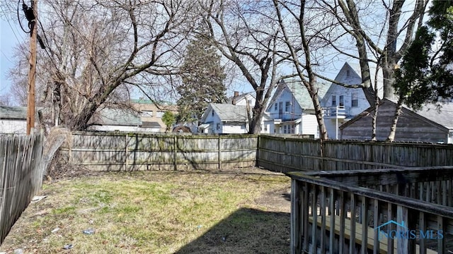 view of yard featuring a fenced backyard and a residential view
