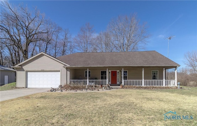 2121 County Road 4 Unit 1, Swanton, OH 43558 - ranch-style home with driveway, a porch, a shingled roof, a front lawn, and a garage