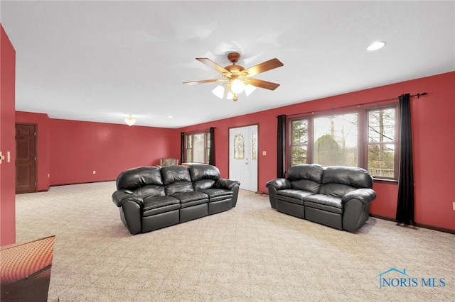 living room with recessed lighting, baseboards, a ceiling fan, and carpet flooring