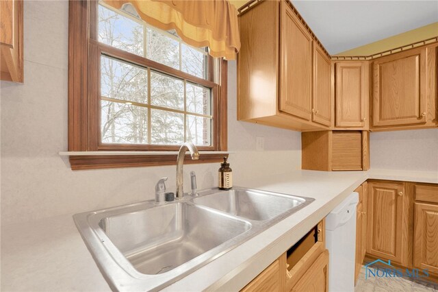 kitchen with light countertops, white dishwasher, lofted ceiling, and a sink