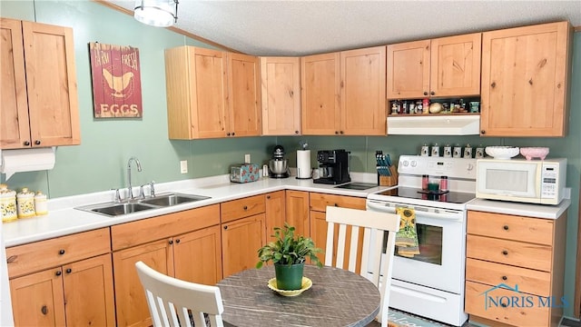 kitchen with light brown cabinets, a sink, under cabinet range hood, white appliances, and light countertops
