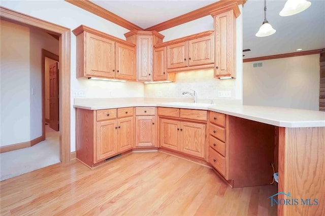 kitchen with light wood-style flooring, a sink, ornamental molding, and light brown cabinetry