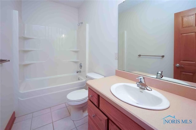 full bath with tile patterned floors, shower / tub combination, toilet, and vanity