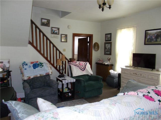 living room with stairway and carpet flooring