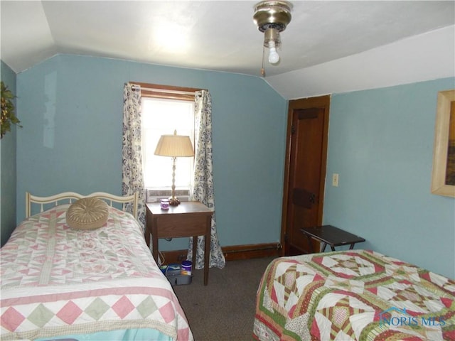 carpeted bedroom featuring vaulted ceiling