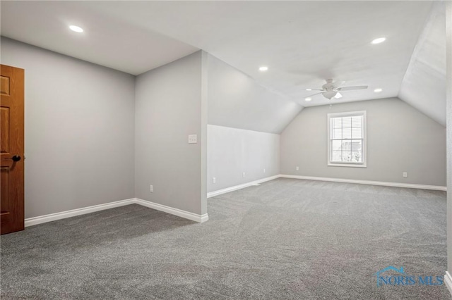 14579 Lake Meadows Dr, Perrysburg, OH 43551 - additional living space with lofted ceiling, recessed lighting, baseboards, carpet floors, and a ceiling fan