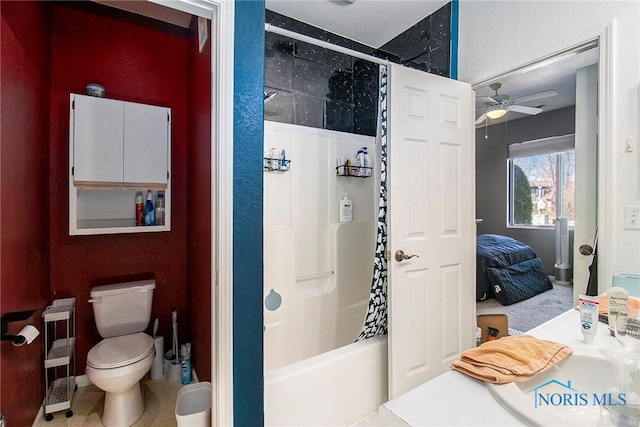 full bathroom featuring toilet, vanity, a ceiling fan, radiator heating unit, and shower / tub combo