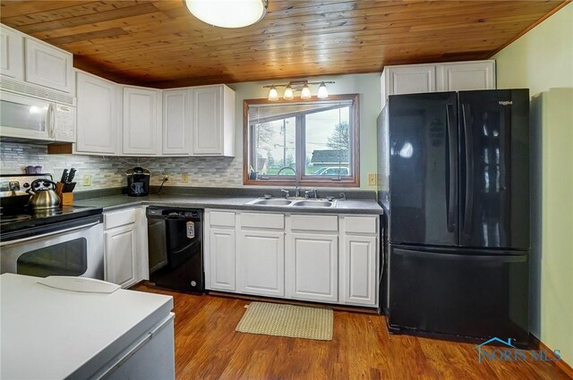 406 N Main St, Continental, OH 45831 - kitchen with white cabinetry, black appliances, wooden ceiling, and a sink