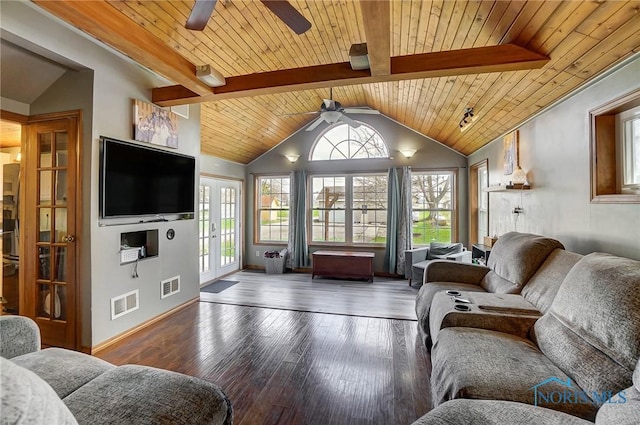 406 N Main St, Continental, OH 45831 - living area with vaulted ceiling with beams, visible vents, and a ceiling fan