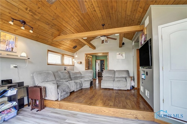406 N Main St, Continental, OH 45831 - living room with lofted ceiling with beams, wooden ceiling, wood finished floors, and a ceiling fan