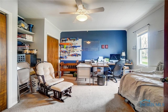 406 N Main St, Continental, OH 45831 - bedroom featuring crown molding, carpet, and a ceiling fan