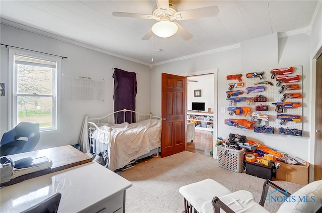406 N Main St, Continental, OH 45831 - bedroom featuring light colored carpet, crown molding, and ceiling fan
