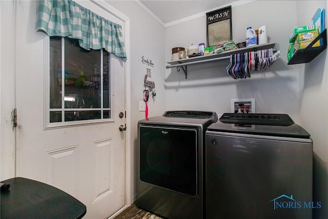 900 E Water St, North Baltimore, OH 45872 - laundry area featuring ornamental molding, washing machine and dryer, wood finished floors, and laundry area