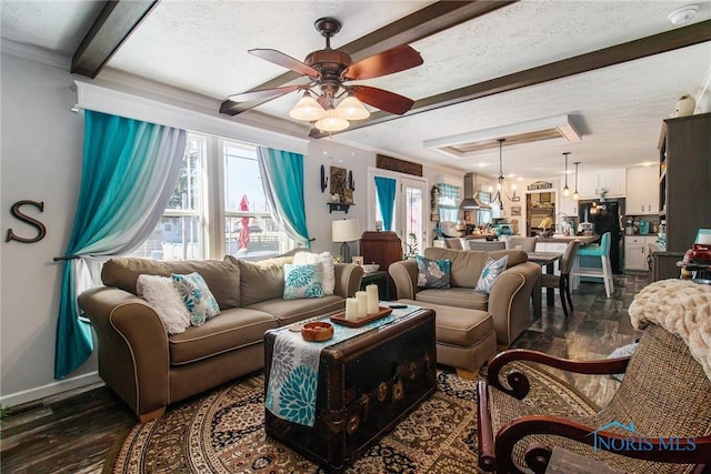 900 E Water St, North Baltimore, OH 45872 - living area with a textured ceiling, ceiling fan, a wealth of natural light, and dark wood finished floors
