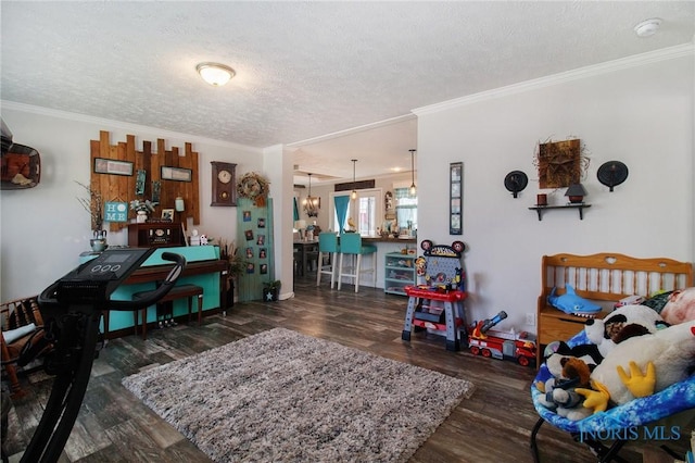 900 E Water St, North Baltimore, OH 45872 - living area with an inviting chandelier, a textured ceiling, wood finished floors, and ornamental molding
