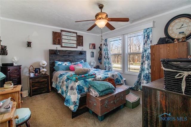 900 E Water St, North Baltimore, OH 45872 - bedroom featuring ornamental molding, carpet flooring, and ceiling fan
