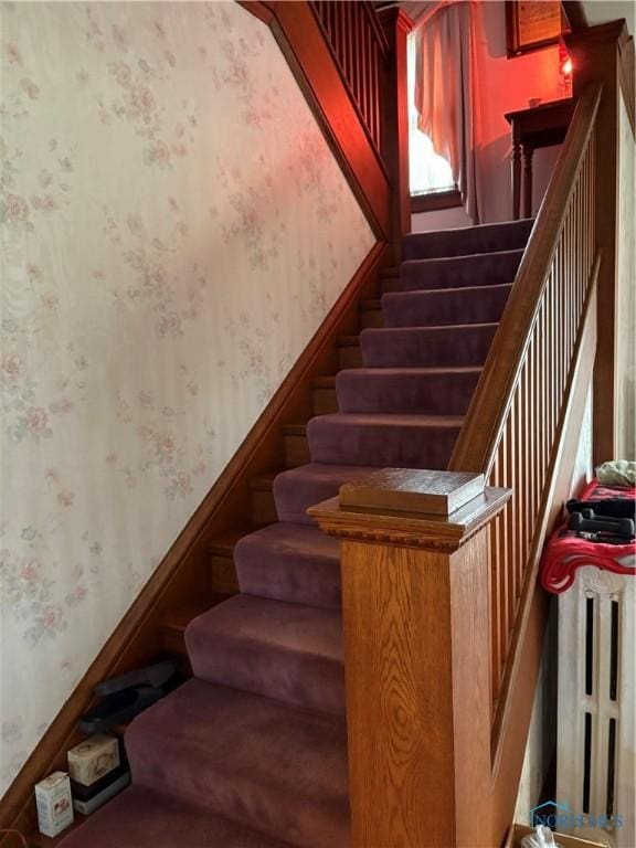 421 Farnsworth Rd, Waterville, OH 43566 - staircase featuring wallpapered walls and carpet flooring