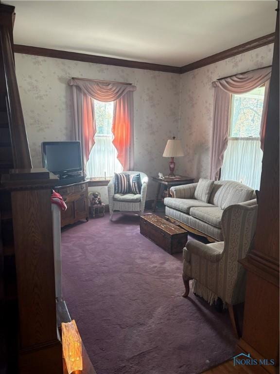 421 Farnsworth Rd, Waterville, OH 43566 - carpeted living room featuring wallpapered walls and ornamental molding