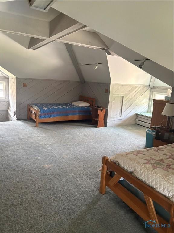 421 Farnsworth Rd, Waterville, OH 43566 - bedroom featuring carpet floors, vaulted ceiling, and wood walls