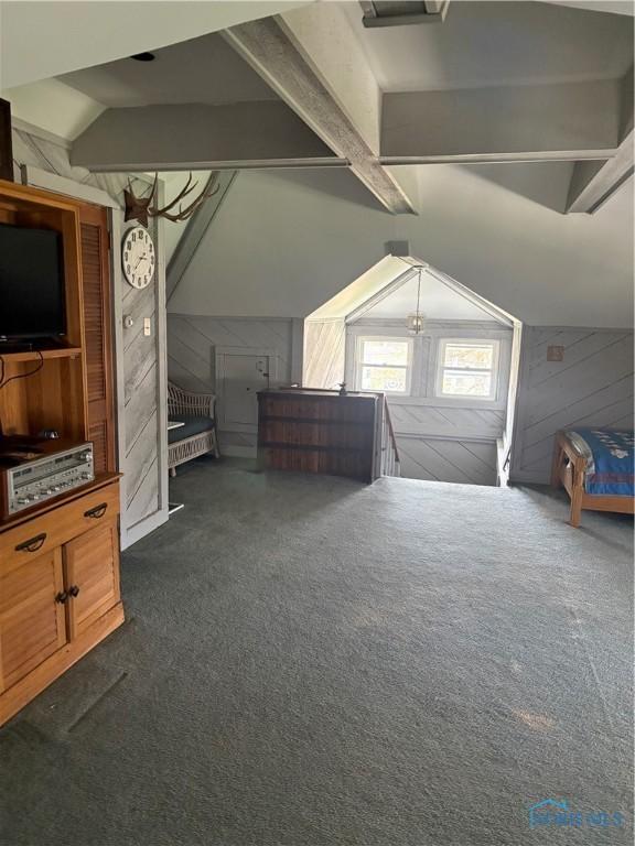 421 Farnsworth Rd, Waterville, OH 43566 - unfurnished bedroom with dark colored carpet, lofted ceiling, and wooden walls