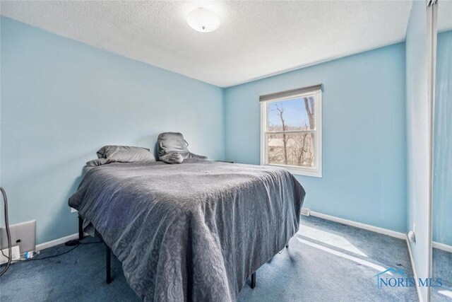 bedroom featuring baseboards, carpet flooring, and a textured ceiling