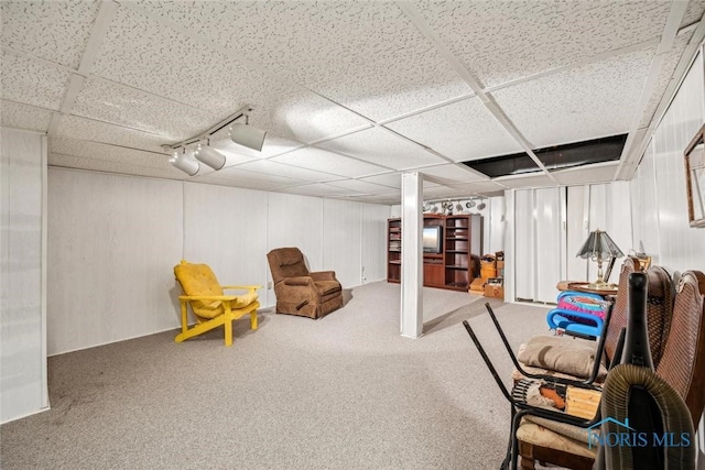 finished below grade area featuring a drop ceiling, rail lighting, and carpet