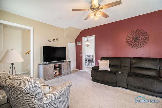 400 W St, Archbold, OH 43502 - living room featuring ceiling fan, visible vents, baseboards, and light carpet