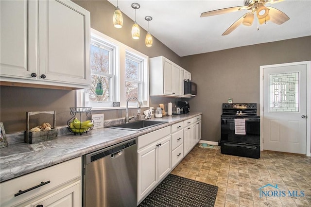 400 W St, Archbold, OH 43502 - kitchen featuring a sink, hanging light fixtures, black appliances, ceiling fan, and white cabinets