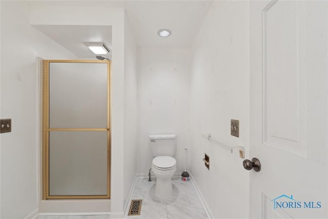 full bath with a shower stall, marble finish floor, visible vents, toilet, and baseboards