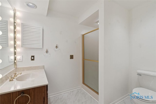 full bath with baseboards, marble finish floor, a shower stall, and toilet
