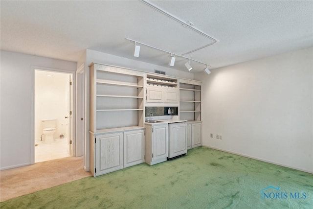 interior space featuring track lighting, light carpet, a sink, and visible vents