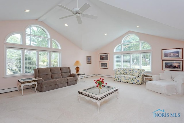 carpeted living area with high vaulted ceiling, recessed lighting, a ceiling fan, beam ceiling, and a baseboard heating unit