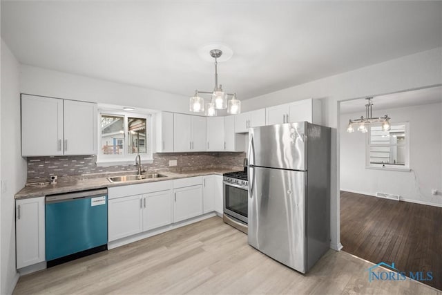 216 Licking St, Toledo, OH 43605 - kitchen featuring appliances with stainless steel finishes, a sink, a chandelier, light wood-style flooring, and white cabinetry