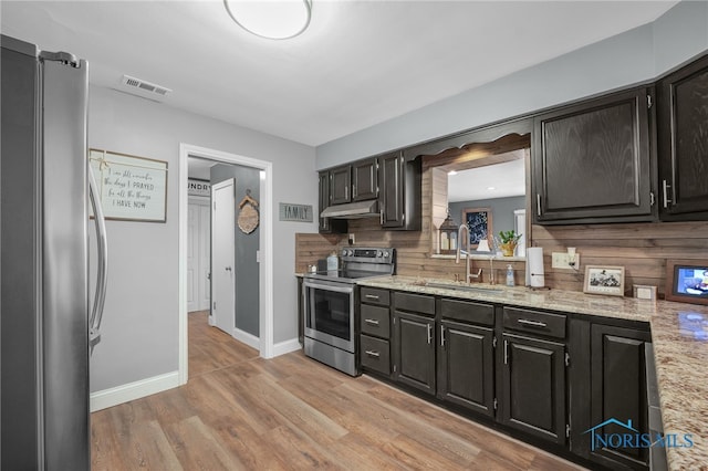 kitchen with appliances with stainless steel finishes, a sink, dark cabinets, and under cabinet range hood