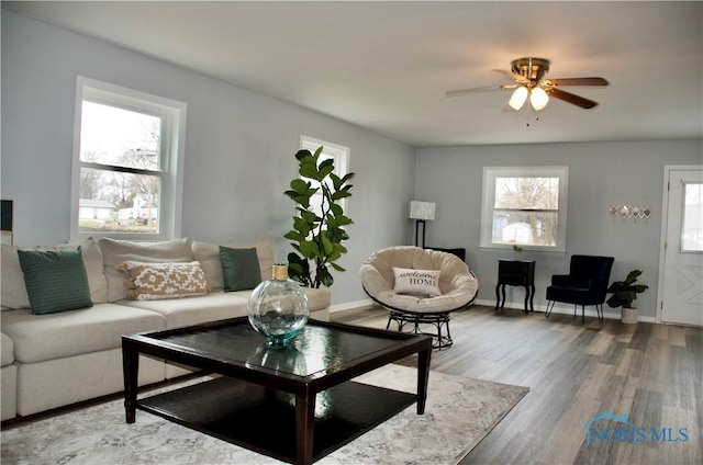 314 Caldwell St, Bradner, OH 43406 - living room featuring plenty of natural light, ceiling fan, wood finished floors, and baseboards