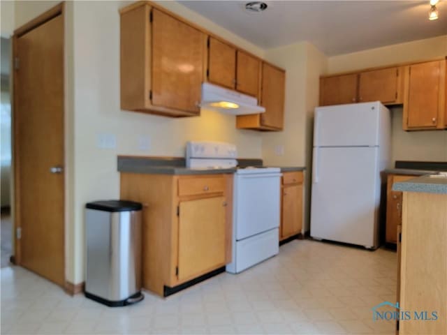 354 N River Rd, Waterville, OH 43566 - kitchen featuring white appliances, dark countertops, under cabinet range hood, and light floors