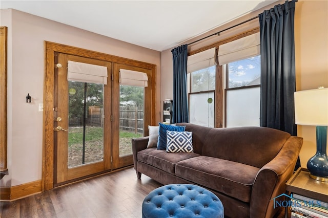 living room featuring baseboards, a healthy amount of sunlight, and wood finished floors