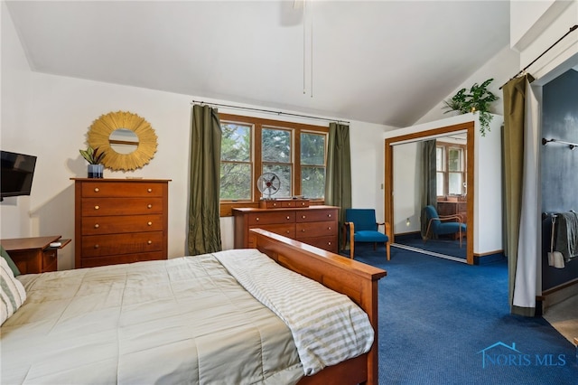 bedroom with a closet, lofted ceiling, baseboards, and carpet