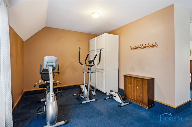 workout area featuring baseboards and vaulted ceiling