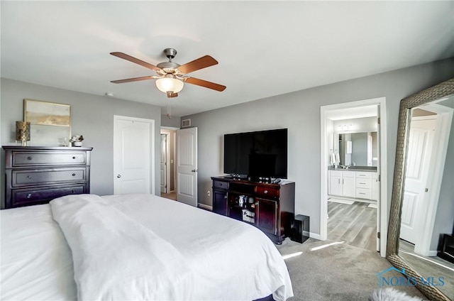 100 Bentley Dr, Perrysburg, OH 43551 - bedroom with visible vents, baseboards, connected bathroom, a ceiling fan, and carpet floors