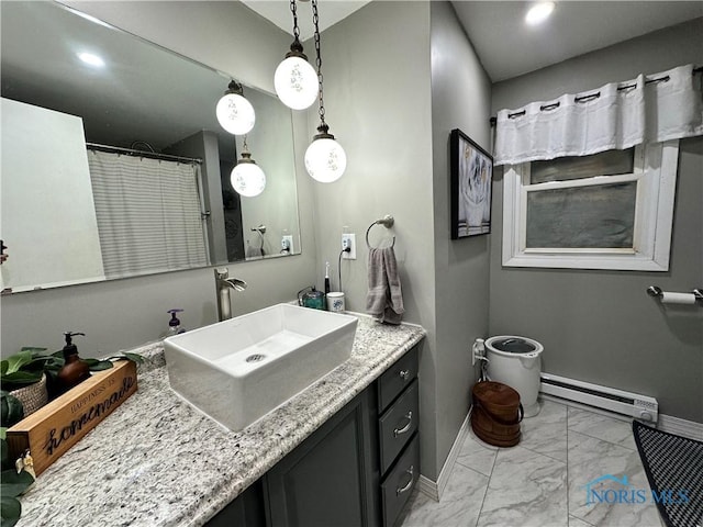 bathroom with a shower with curtain, vanity, baseboards, marble finish floor, and a baseboard radiator