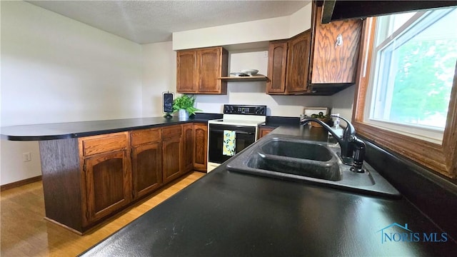 16325 Road 25P, Ottoville, OH 45844 - kitchen featuring electric range oven, a sink, a peninsula, dark countertops, and light wood-style floors