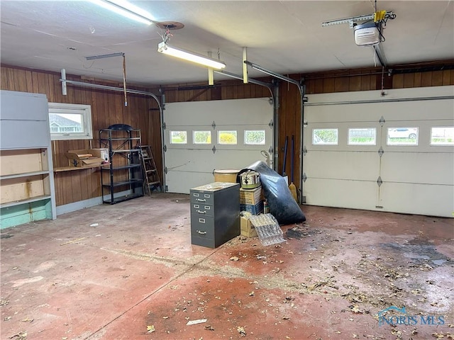 garage featuring wood walls and a garage door opener
