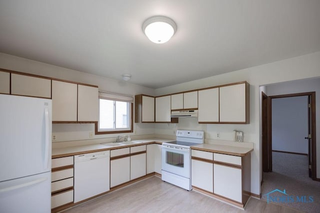 5644 Greenridge Dr Unit 5644, Toledo, OH 43615 - kitchen featuring white appliances, under cabinet range hood, light countertops, and light wood-type flooring