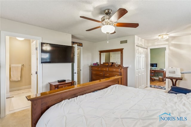3114 Gleneagle Dr, Findlay, OH 45840 - bedroom with carpet floors, a ceiling fan, connected bathroom, and visible vents