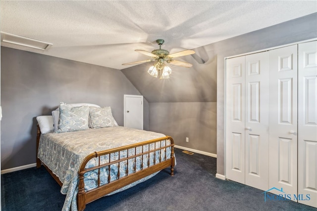 3114 Gleneagle Dr, Findlay, OH 45840 - bedroom featuring a closet, dark carpet, baseboards, ceiling fan, and a textured ceiling