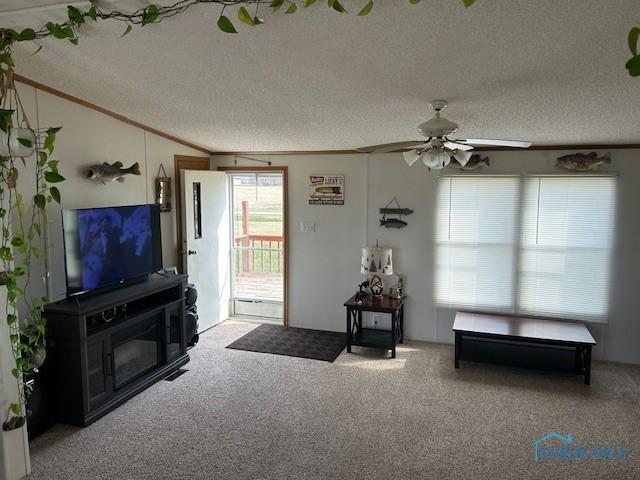 carpeted living area featuring ornamental molding, a textured ceiling, and ceiling fan