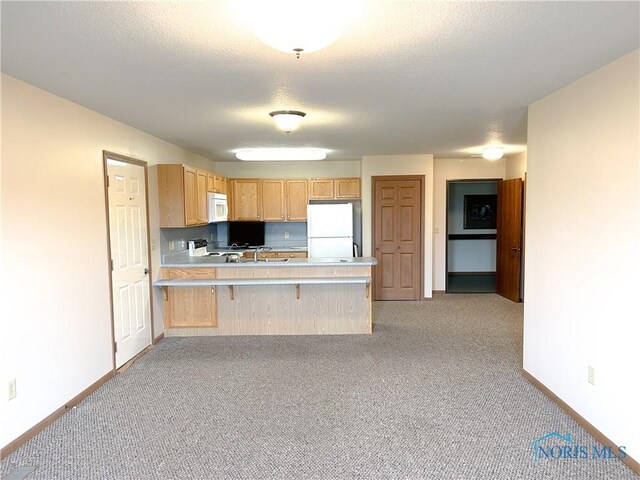 12783 Rd 82 Unit 1, Paulding, OH 45879 - kitchen with light countertops, light carpet, a peninsula, and white appliances