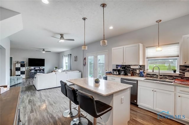 kitchen with decorative backsplash, a sink, stainless steel dishwasher, and wood finished floors